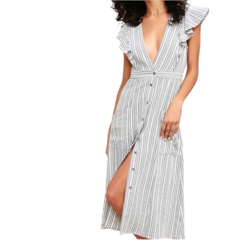 LOST + WANDER Striped deep V neck flounce sleeve midi dress size Small
